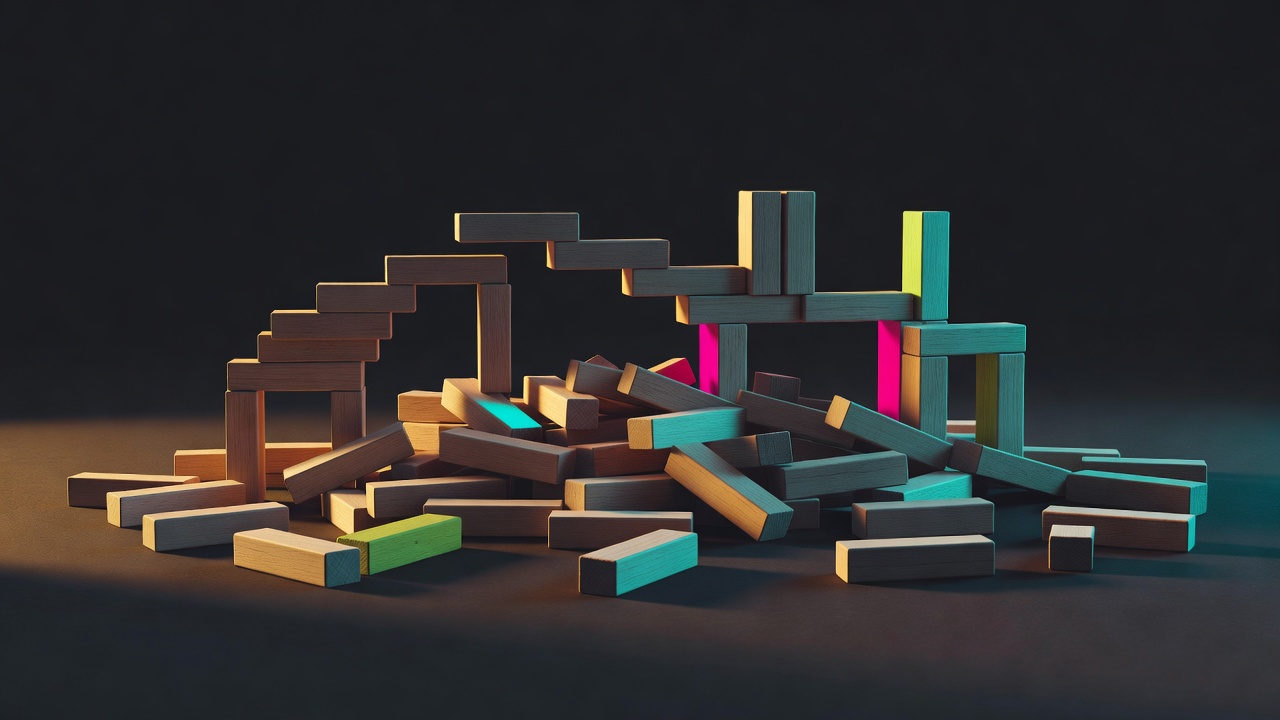 Un tas de simples cubes en bois à moitié assemblés en quelque chose qui pourrait devenir n'importe quoi