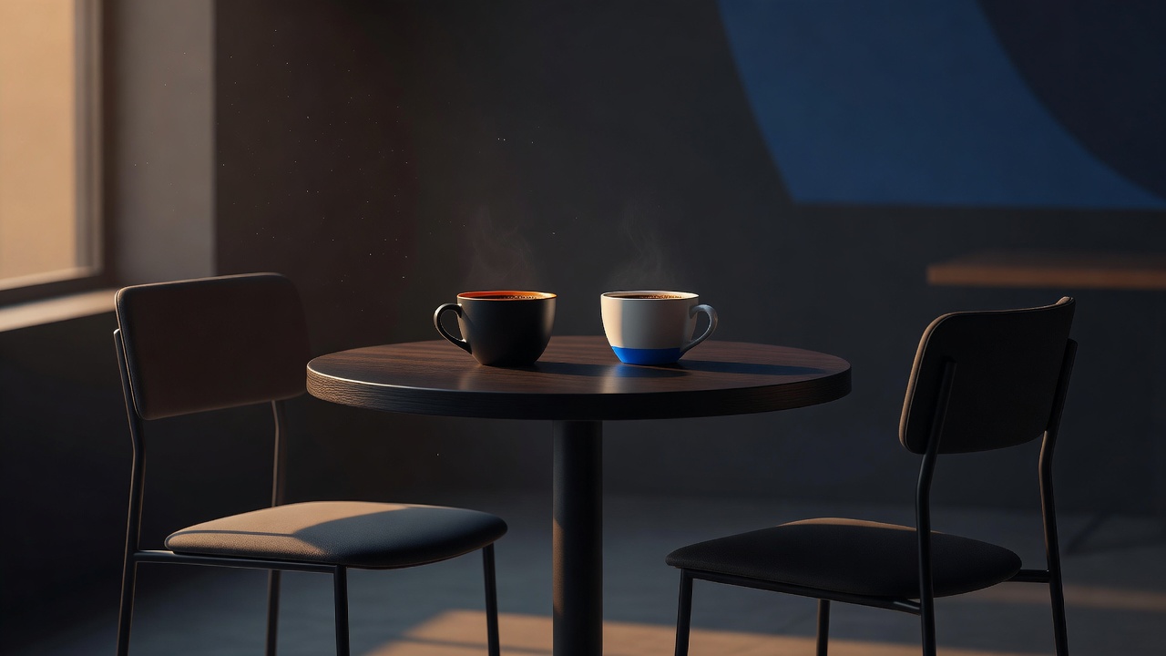 Deux tasses de café sur une petite table de café avec deux chaises vides se faisant face dans la lumière chaude de l'après-midi