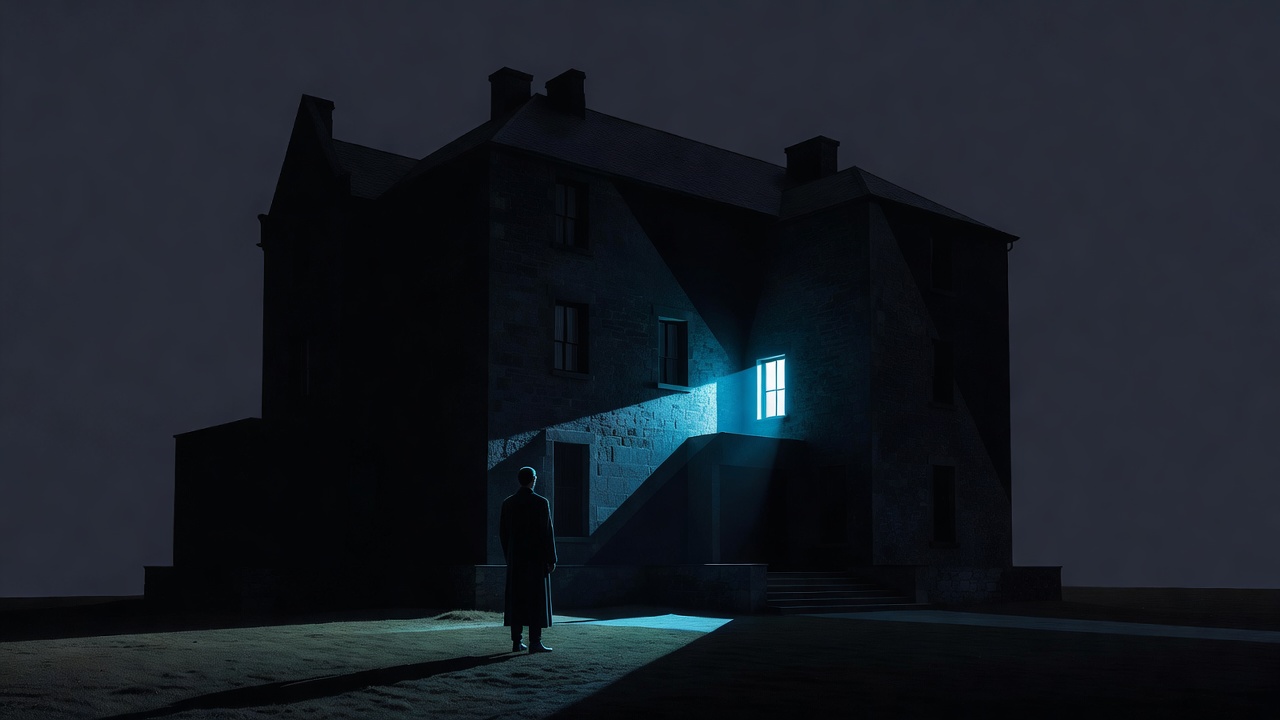 Une petite fenêtre éclairée dans un grand manoir sombre, la nuit