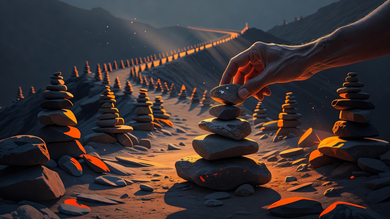 Une main posant une seule pierre au sommet d'un petit cairn quotidien, beaucoup d'autres empilées derrière