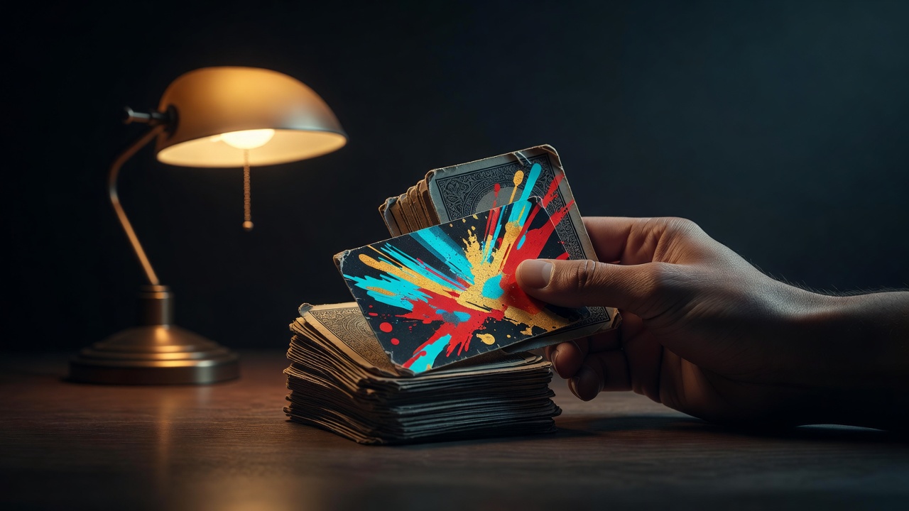 Un jeu de cartes usé tenu d'une main ferme, une carte retournée face visible