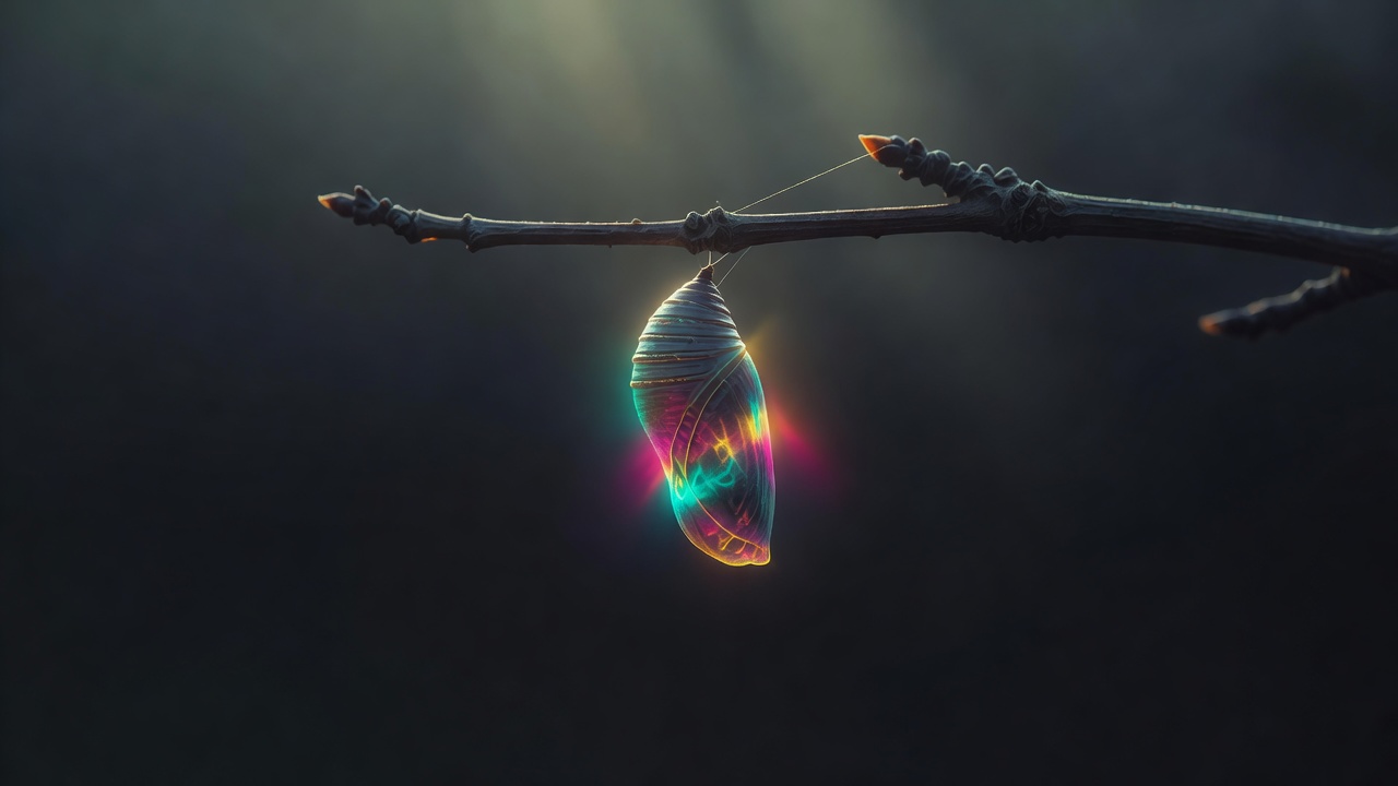 Une chrysalide sur une branche nue, à contre-jour dans une douce lumière matinale, transformation suggérée