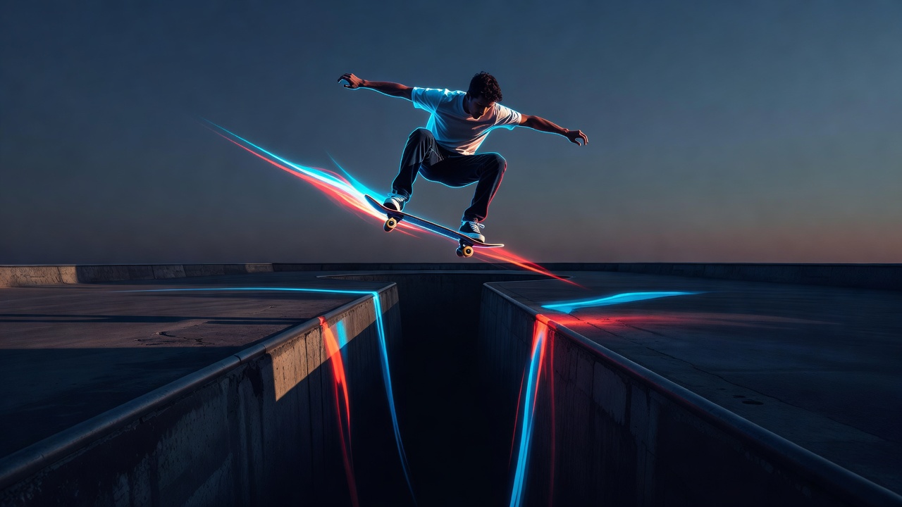 Un skateur en plein saut au-dessus d'un vide, engagé dans la figure sans certitude de retomber
