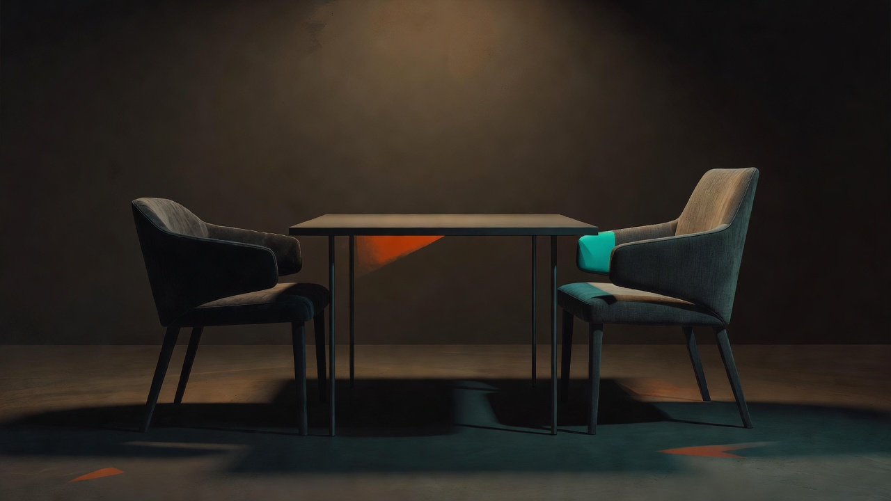 Deux chaises se faisant face autour d'une petite table dans une lumière chaude