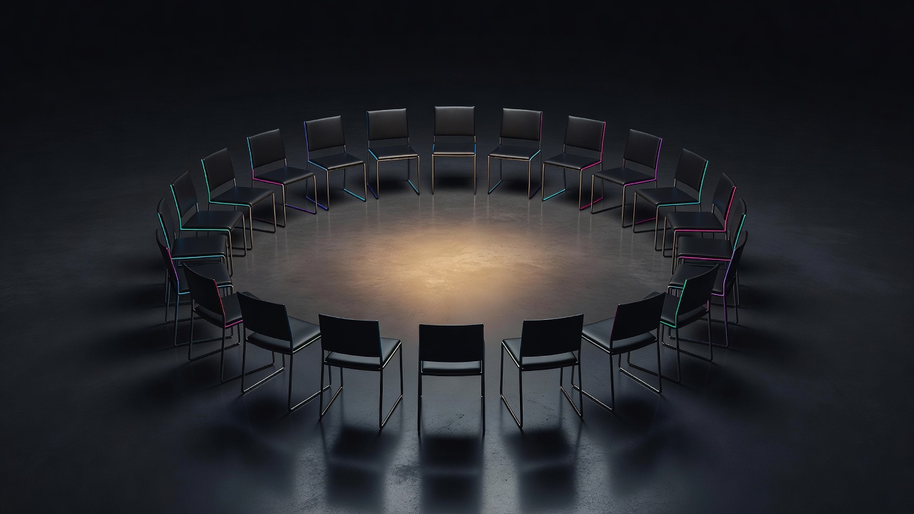 Un cercle de chaises vides dans une lumière chaleureuse