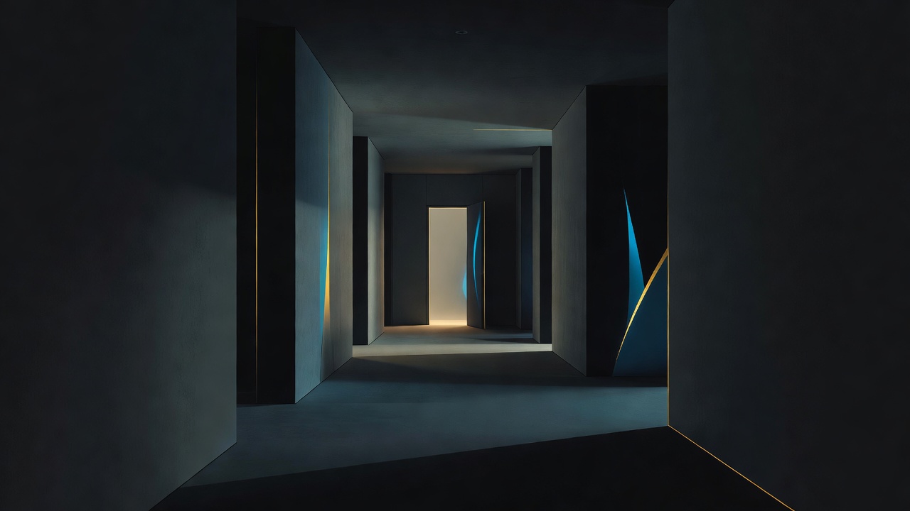 Une porte seule, doucement éclairée, au bout d'un couloir plongé dans l'ombre, sous une lumière feutrée