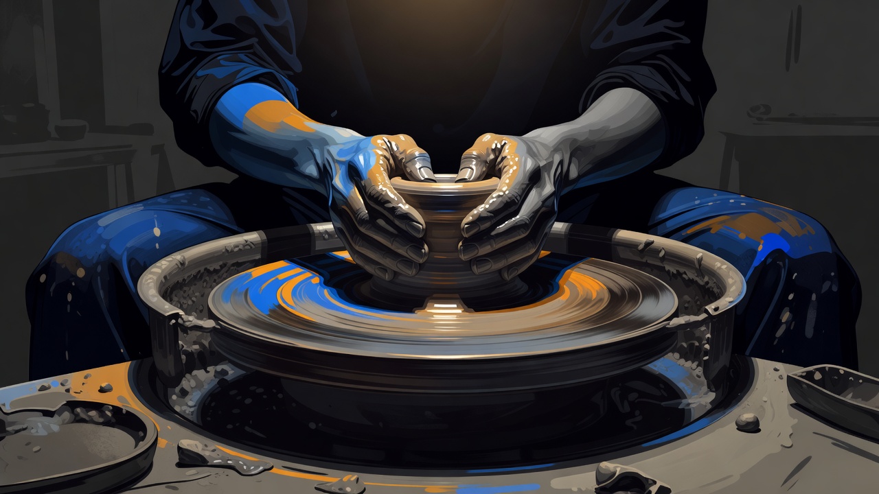 Une paire de mains centrée sur un tour de potier en rotation, entièrement absorbée par le travail