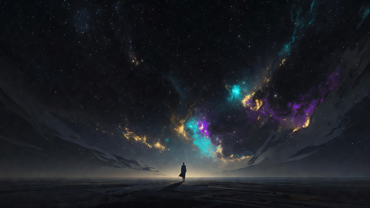 Une silhouette solitaire, minuscule, sous un vaste ciel nocturne constellé d'étoiles
