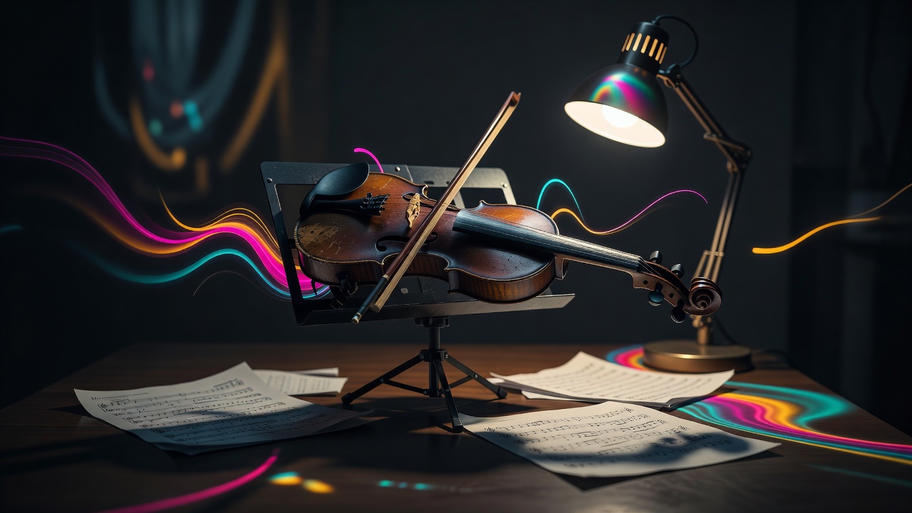 Un violon usé laissé en pleine répétition sur un pupitre sous une unique lampe tard dans la nuit