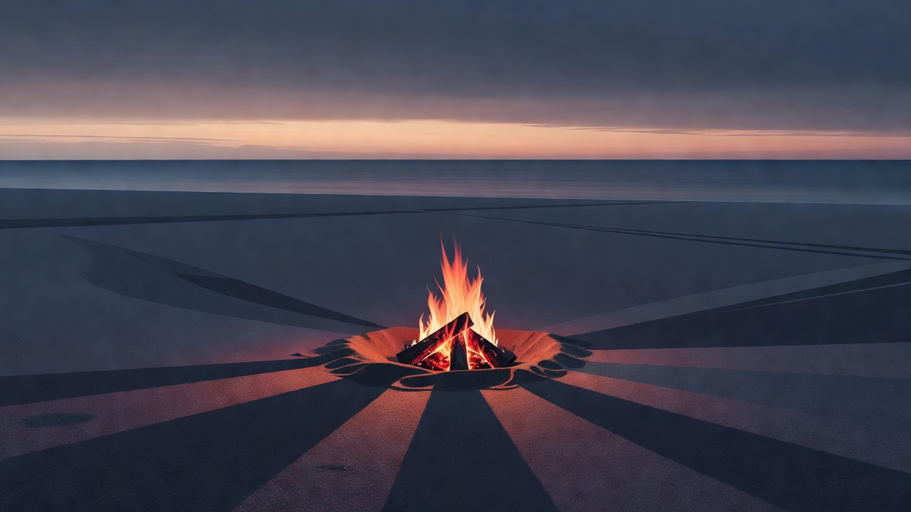 Un petit feu de camp rougeoyant sur une plage déserte à l'aube