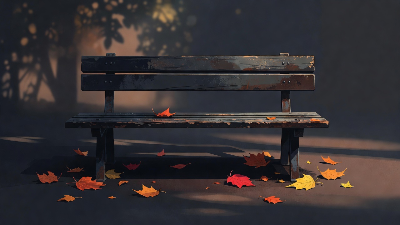 Un banc de parc patiné dans la douce lumière de l'après-midi avec quelques feuilles tombées autour