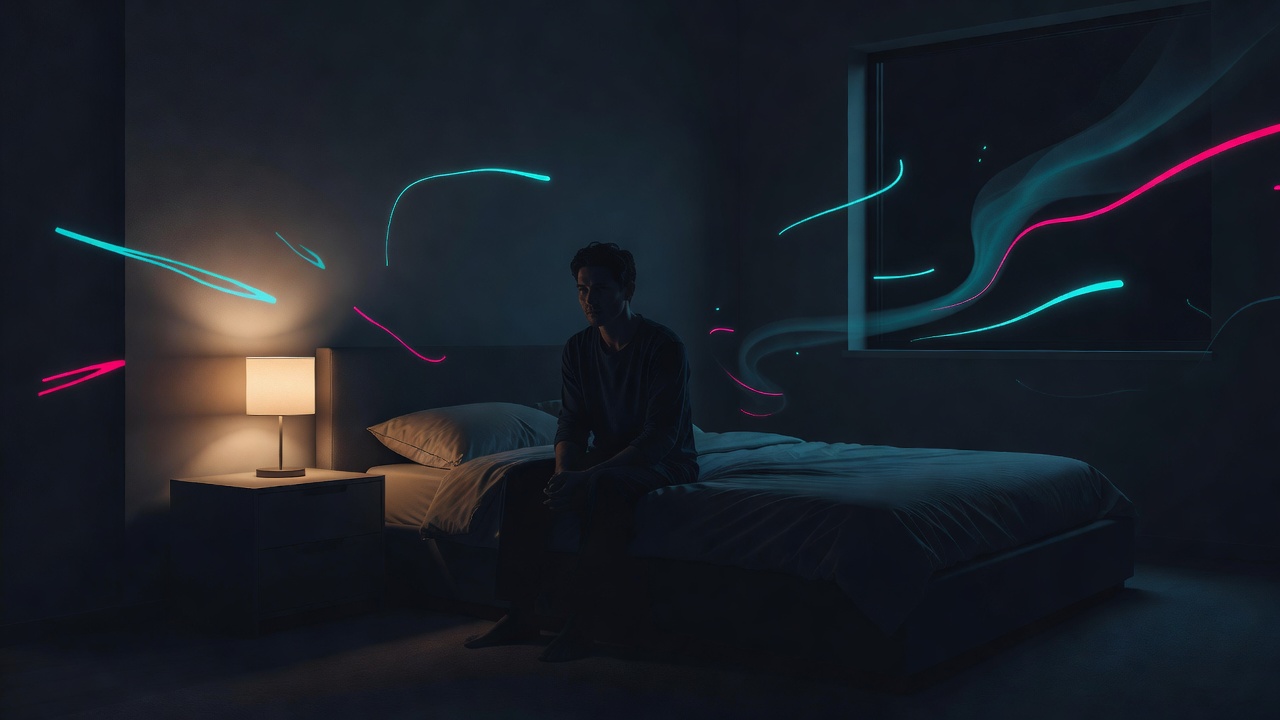 Une seule lampe allumée dans une chambre sombre, quelqu'un éveillé avec ses pensées vers minuit