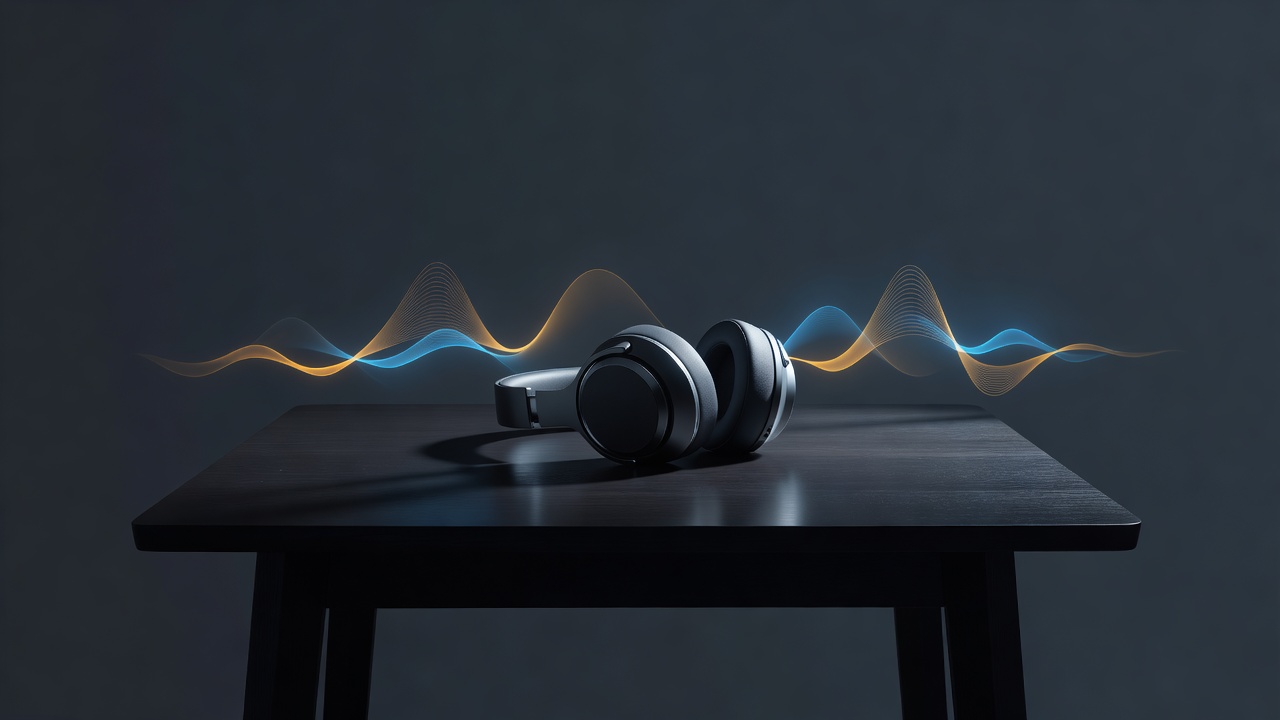 Une seule paire de casque posée sur une table avec de légères ondulations chaudes d'ondes sonores dans l'air autour