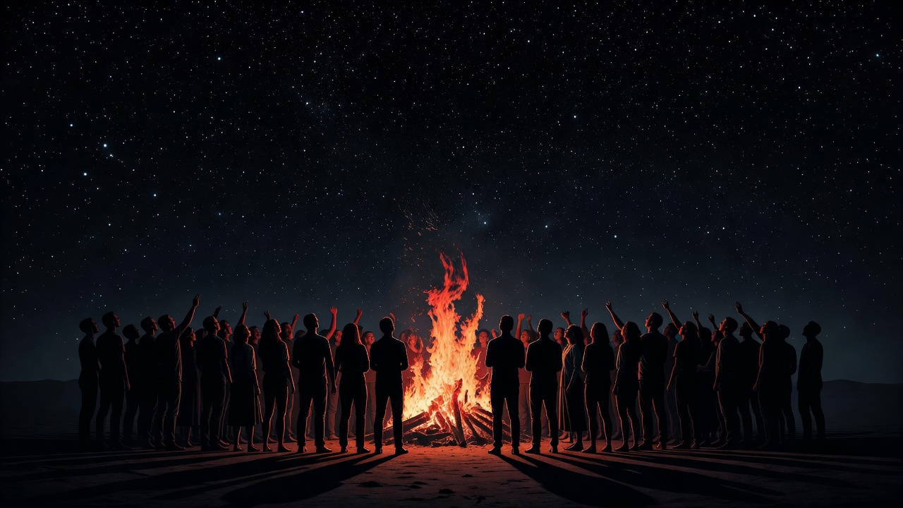 Une foule de silhouettes chantant ensemble autour d'un feu sous les étoiles