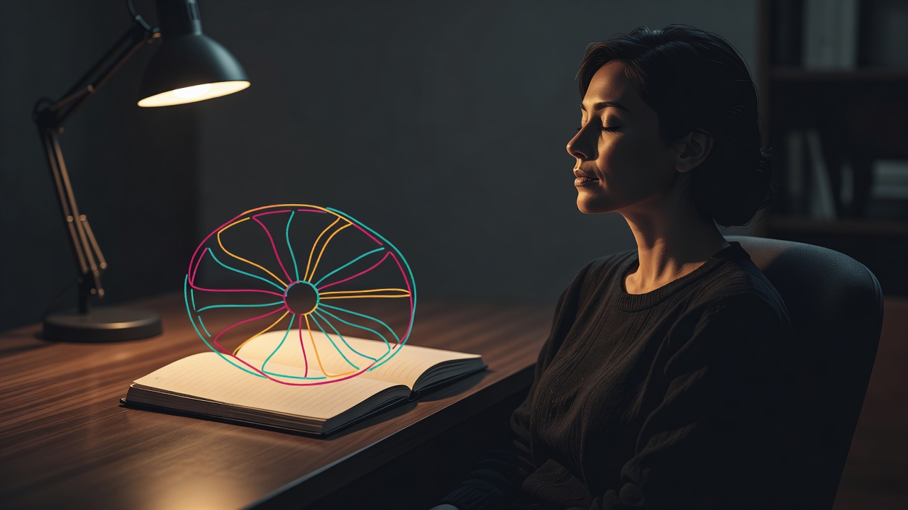 Un simple diagramme en roue esquissé dans un carnet, une personne assise paisiblement en son centre