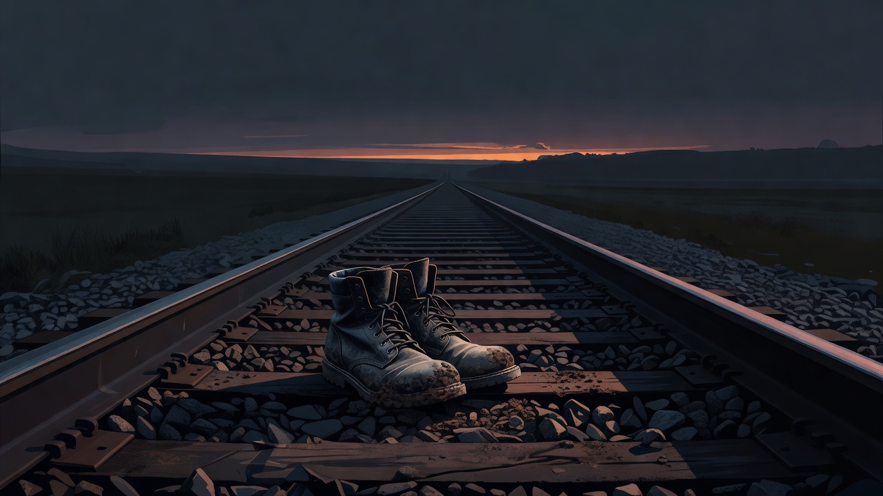 Une paire de bottes usées et vides près d'une voie ferrée au crépuscule