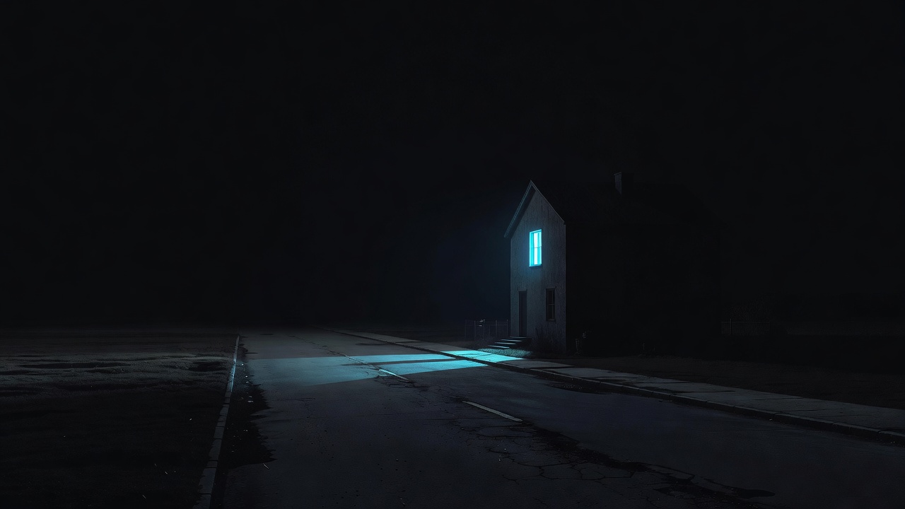 Une seule fenêtre éclairée dans une maison, le long d'une rue sombre