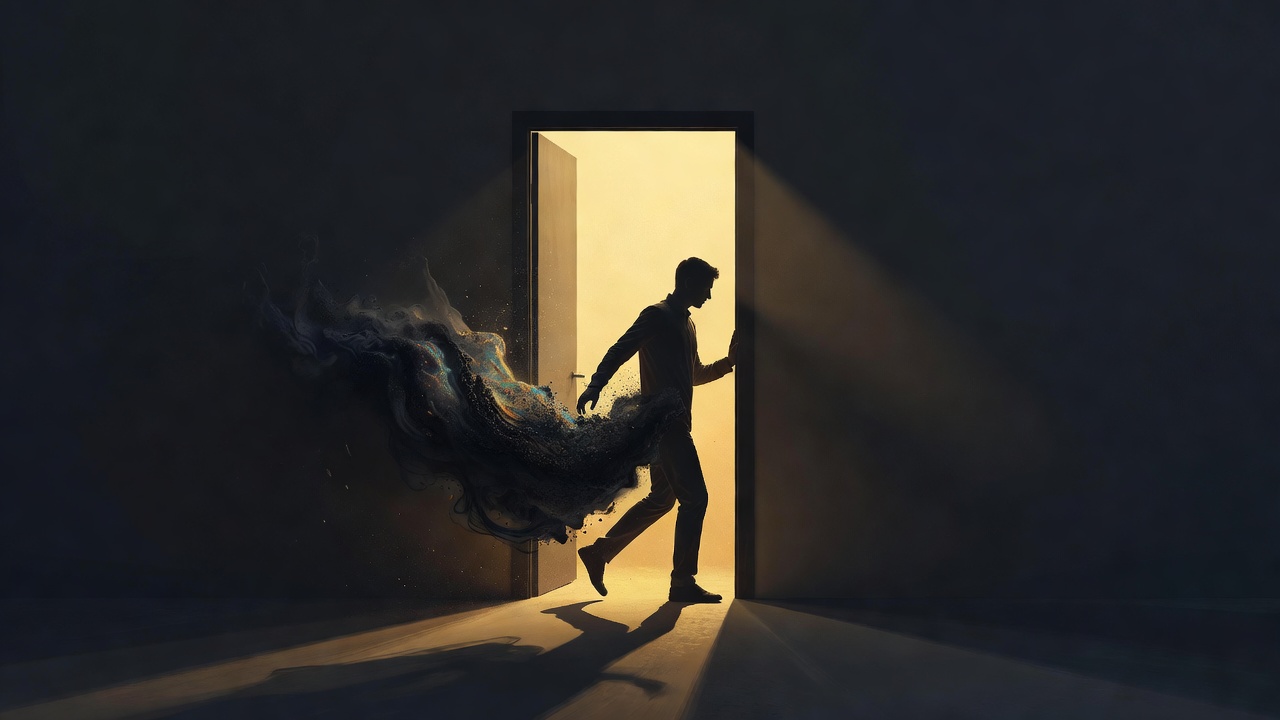 Une personne sortant d'une porte sombre vers une lumière chaleureuse