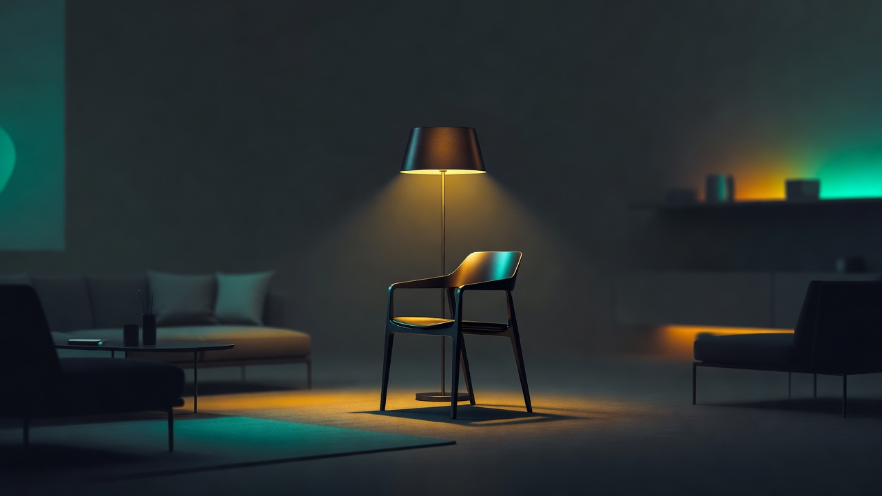 Une lampe chaleureuse éclairant nettement une chaise unique pendant que le reste de la pièce reste dans une douce pénombre
