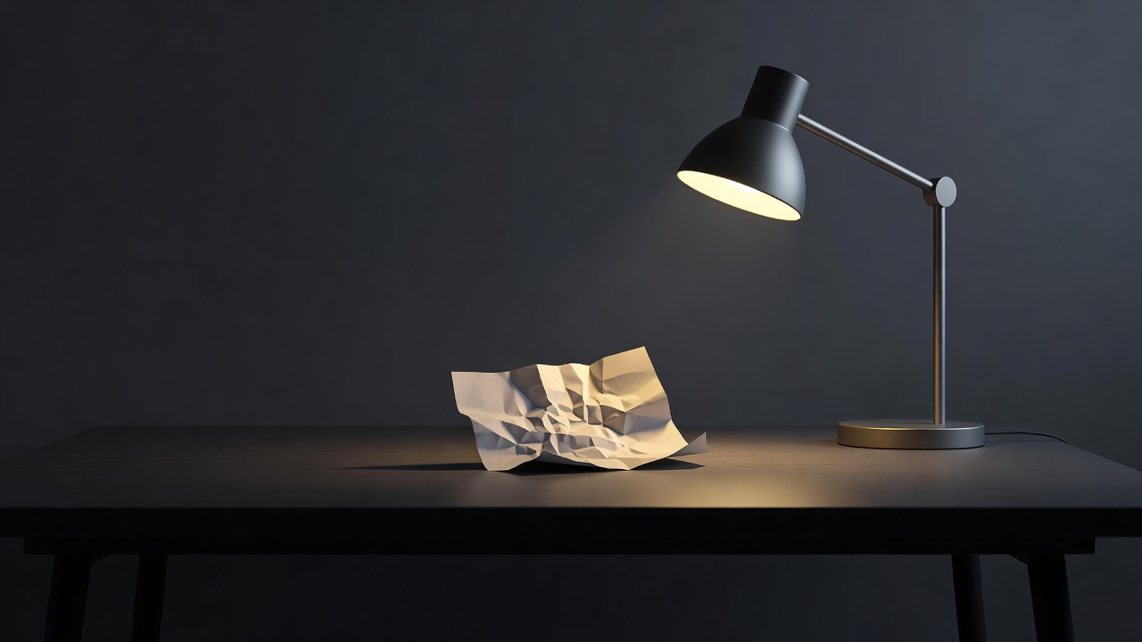 Une note froissée que l'on lisse à plat sous une lampe de bureau dans une lumière chaleureuse