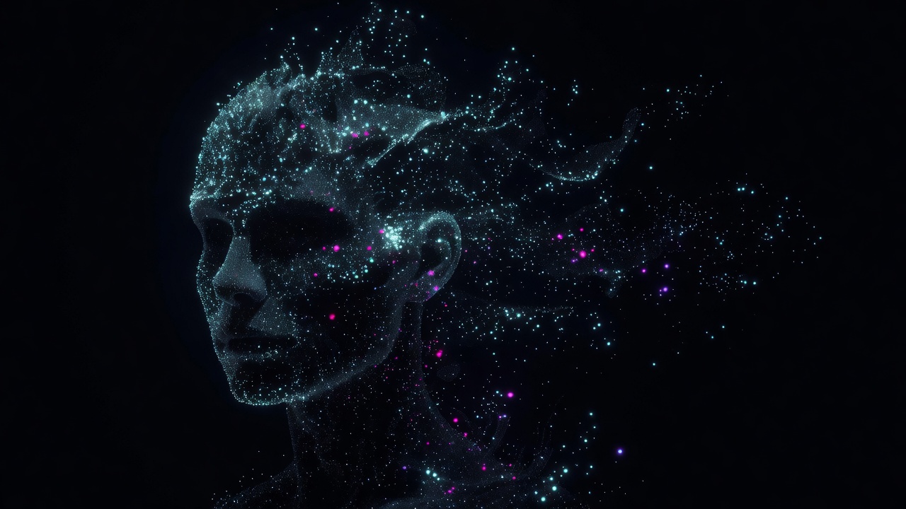 Un visage humain composé de minuscules points de lumière, dont une moitié reste encore sombre et en formation