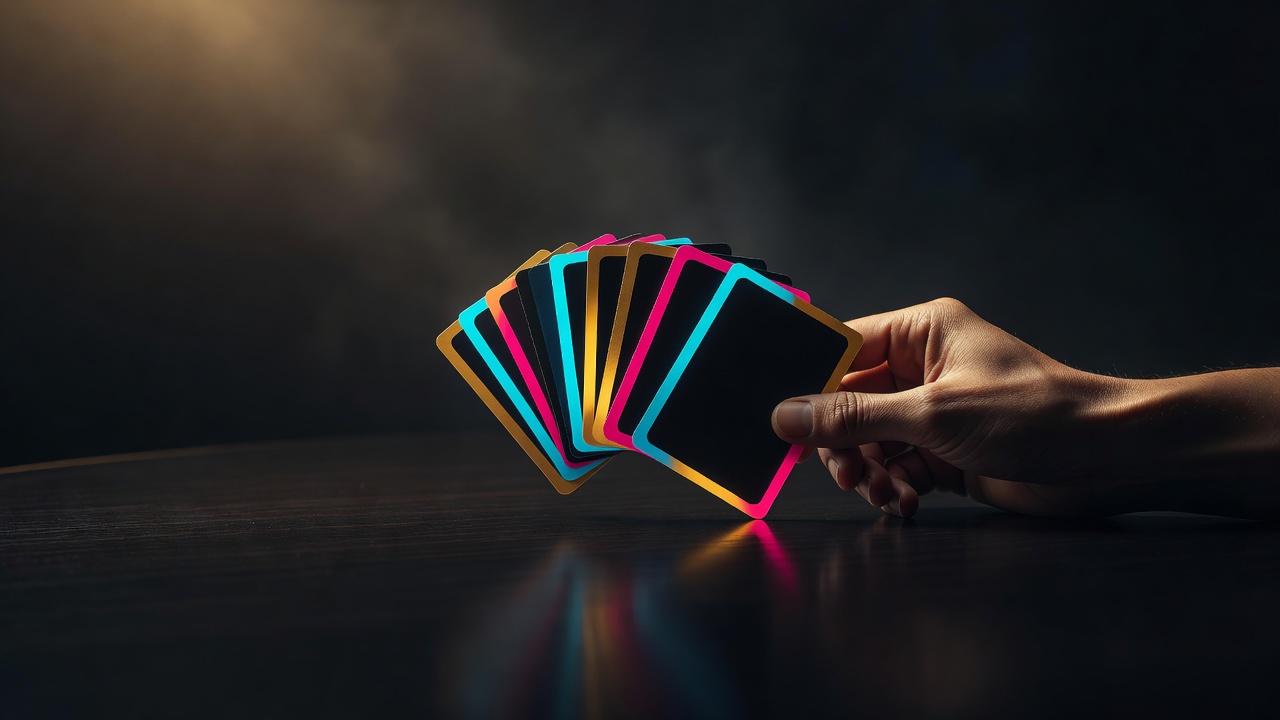 Une main de cartes tenue avec assurance, une carte étant délibérément posée sur une table