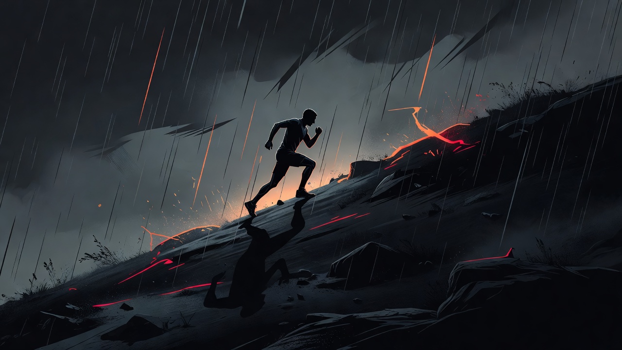 La silhouette d'un coureur solitaire gravissant une colline sombre et abrupte sous une pluie battante avant l'aube