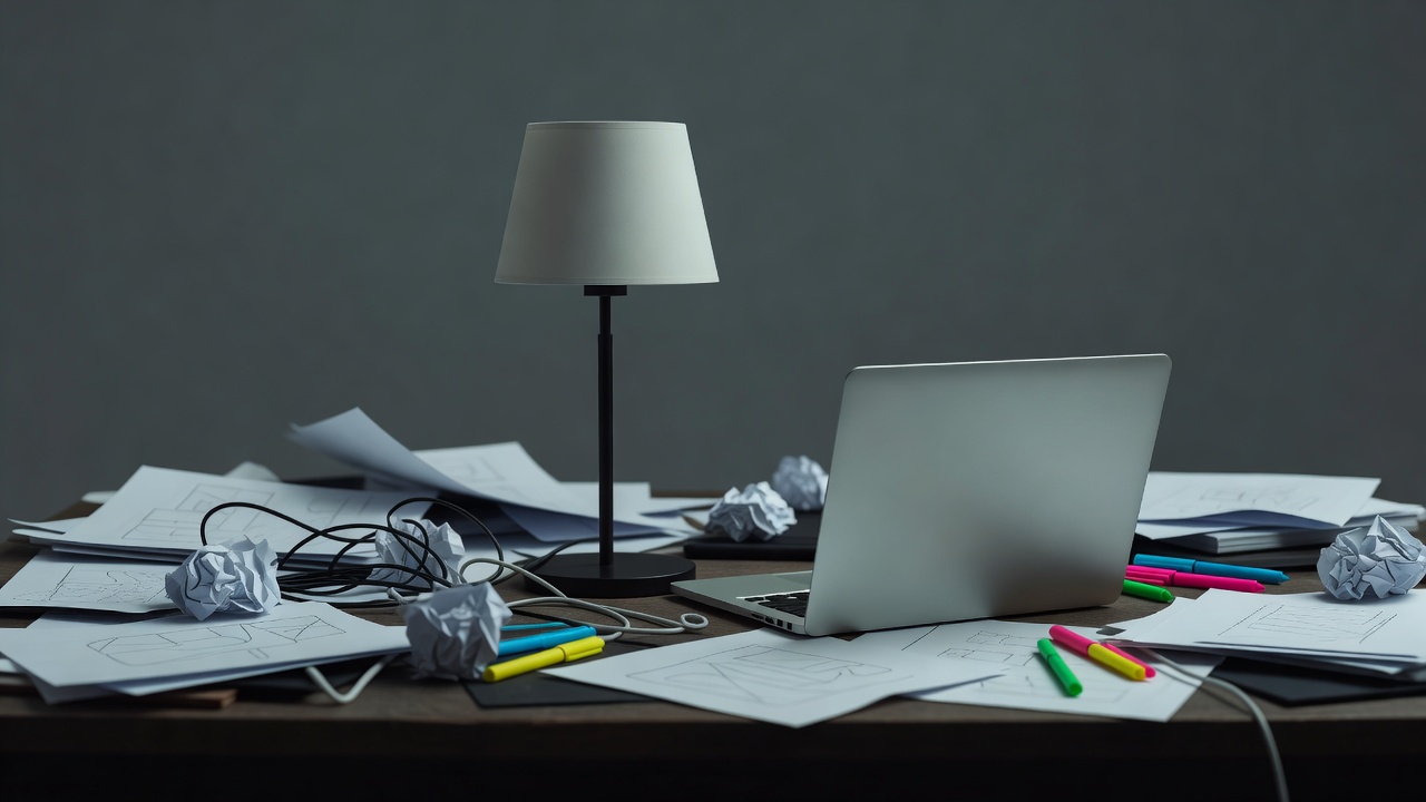 Une seule lampe éteinte sur un bureau à côté d'un ordinateur portable fermé, dans une lumière grise et plate