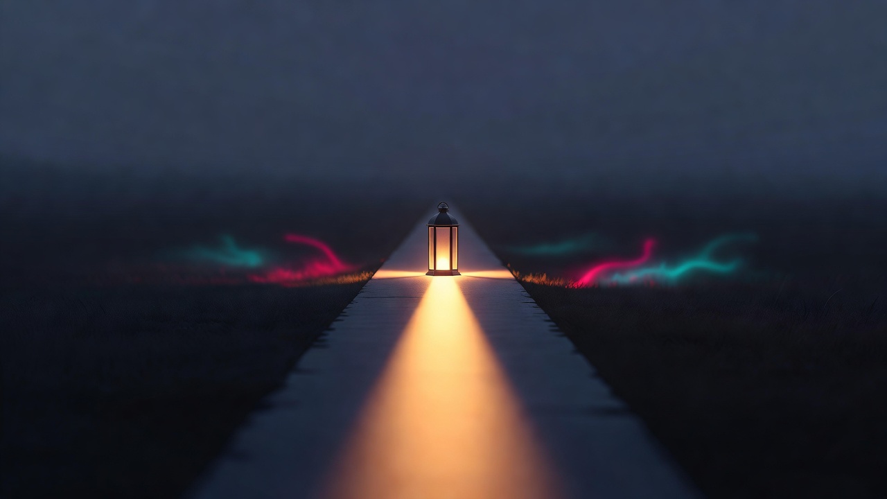Une seule lanterne allumée concentrant sa lumière sur un unique chemin tandis que le champ alentour reste dans la pénombre