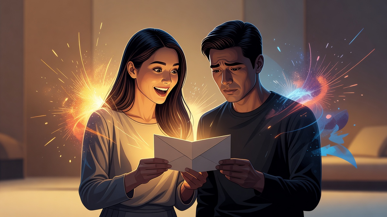 Un couple qui regarde une invitation, un visage qui s'illumine d'excitation, l'autre qui se remplit d'angoisse