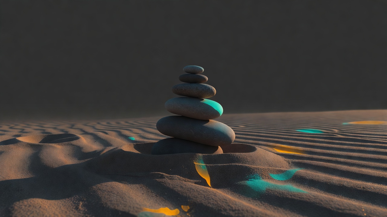 Quatre pierres lisses empilées en un petit cairn sur le sable, dans une lumière chaude