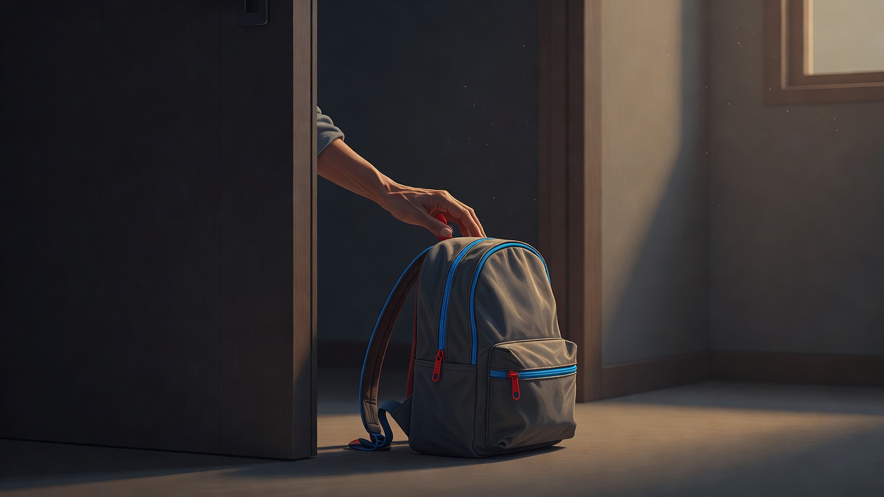 La main d'un parent posée doucement sur un sac à dos d'enfant près d'une porte, dans la lumière chaude du matin