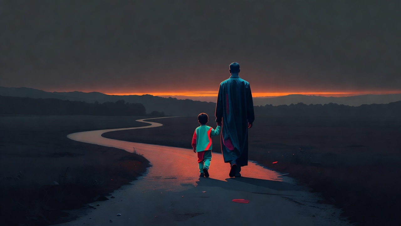 Un parent et un enfant marchant ensemble sur un sentier paisible au crépuscule