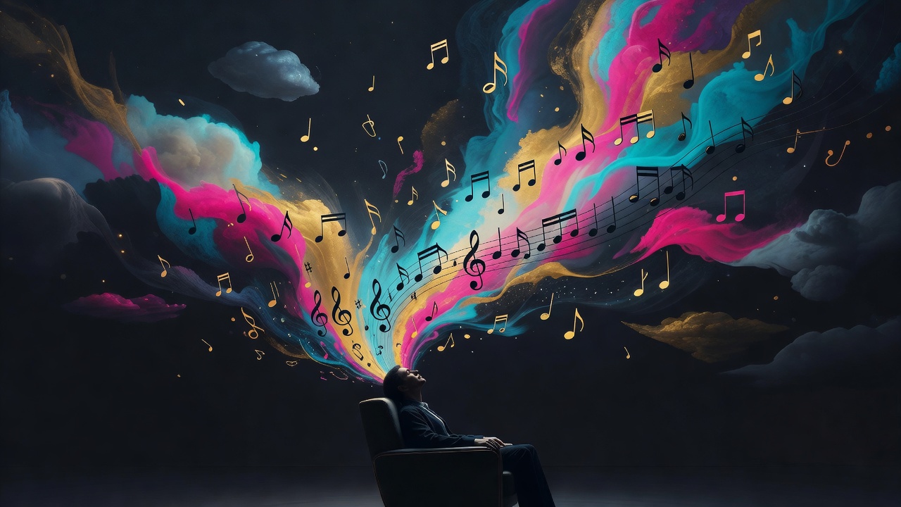 Des notes de musique se dissolvant en une scène onirique au-dessus d'une auditrice