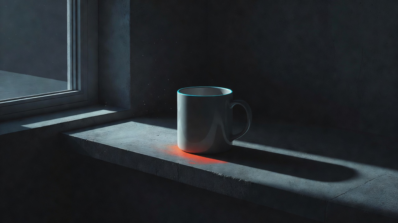 Un simple objet ordinaire sur un rebord de fenêtre captant une lumière nouvelle sous un angle inhabituel