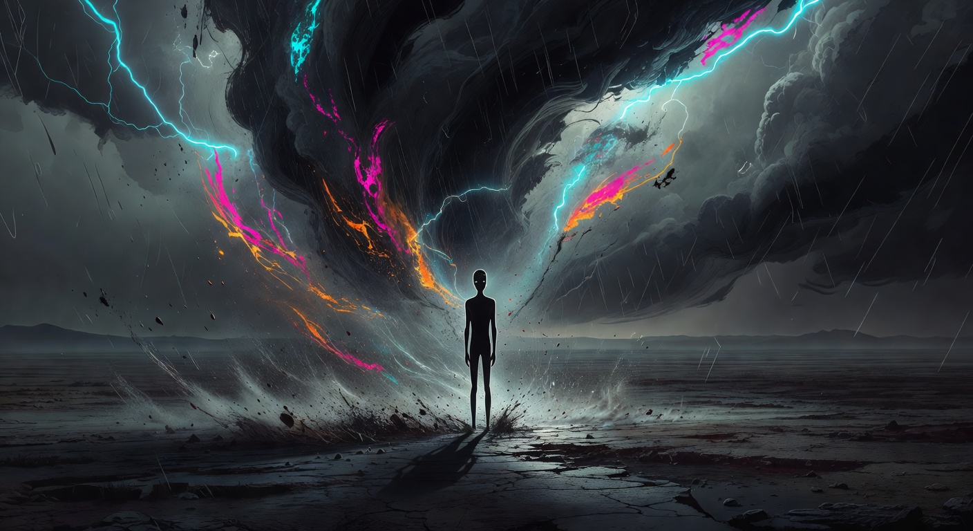 Une silhouette avec un visage immobile, des couleurs vibrantes tourbillonnant derrière elle que personne ne peut voir