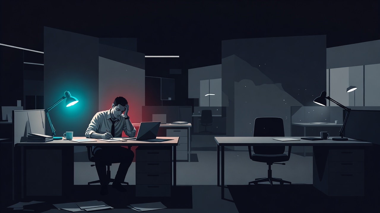 Un fondateur travaillant seul sous une unique lampe tard dans la nuit tandis qu'un second bureau à côté reste vide