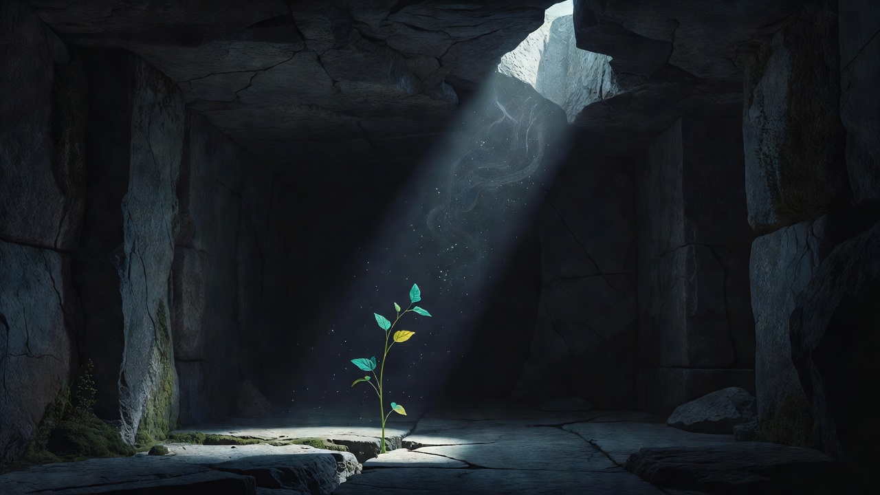 Un mince rai de lumière tombant dans une pièce de pierre sombre où une petite plante pousse vers lui