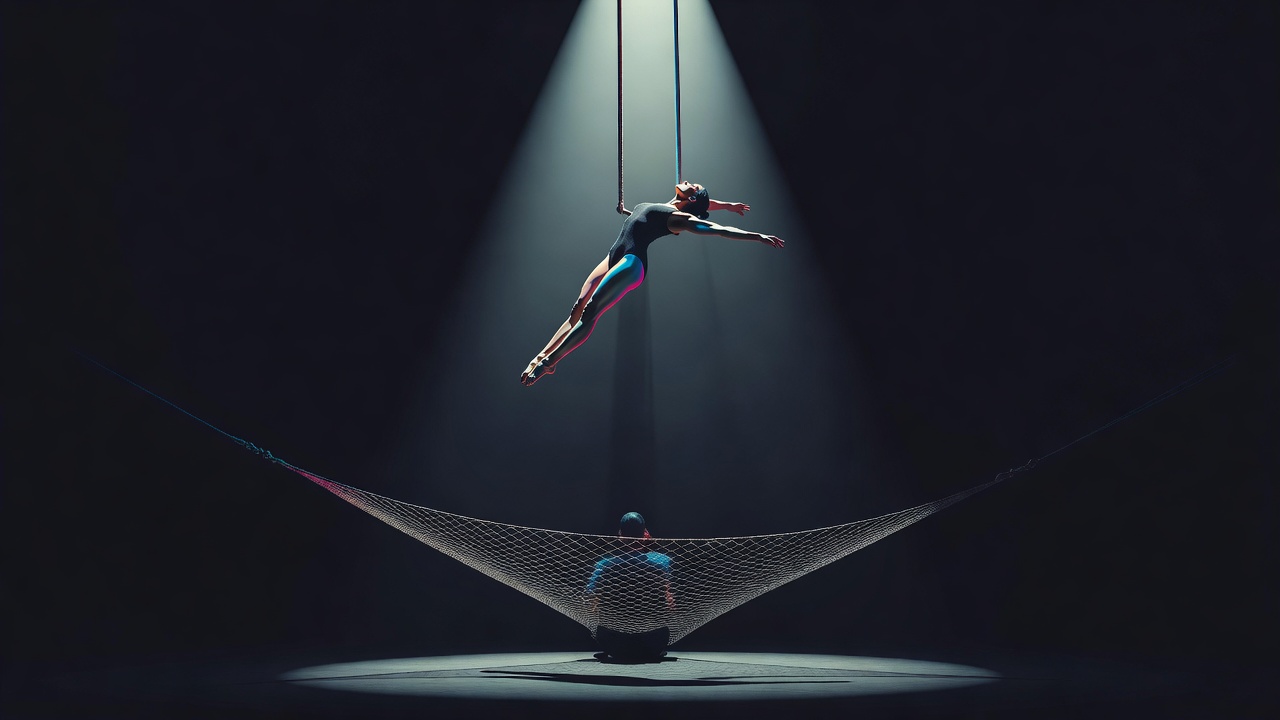 Un trapéziste sous les projecteurs pendant qu'une silhouette invisible en dessous tient un filet de sécurité dans le noir