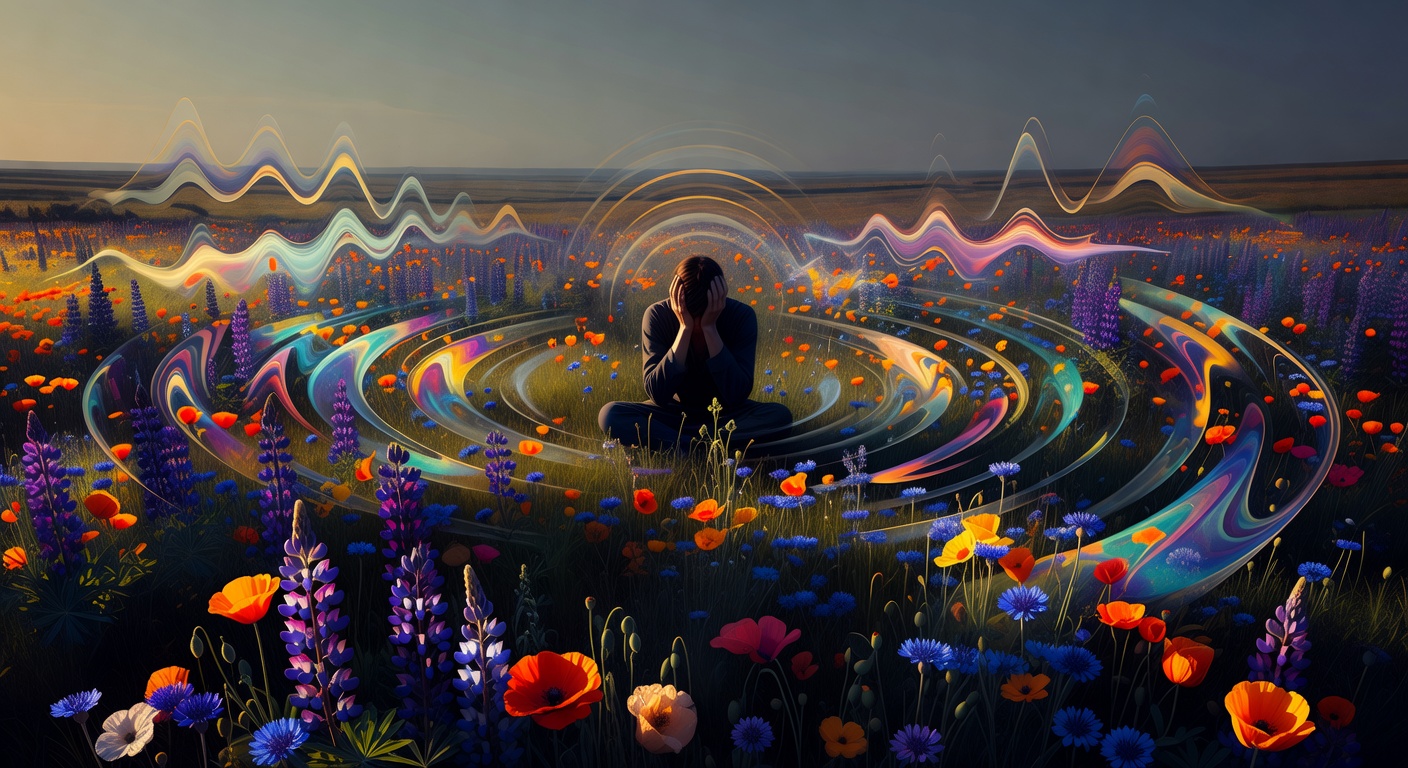 Une figure debout seule dans une pièce bondée, submergée par des vagues visibles de son, de lumière et des émotions des autres