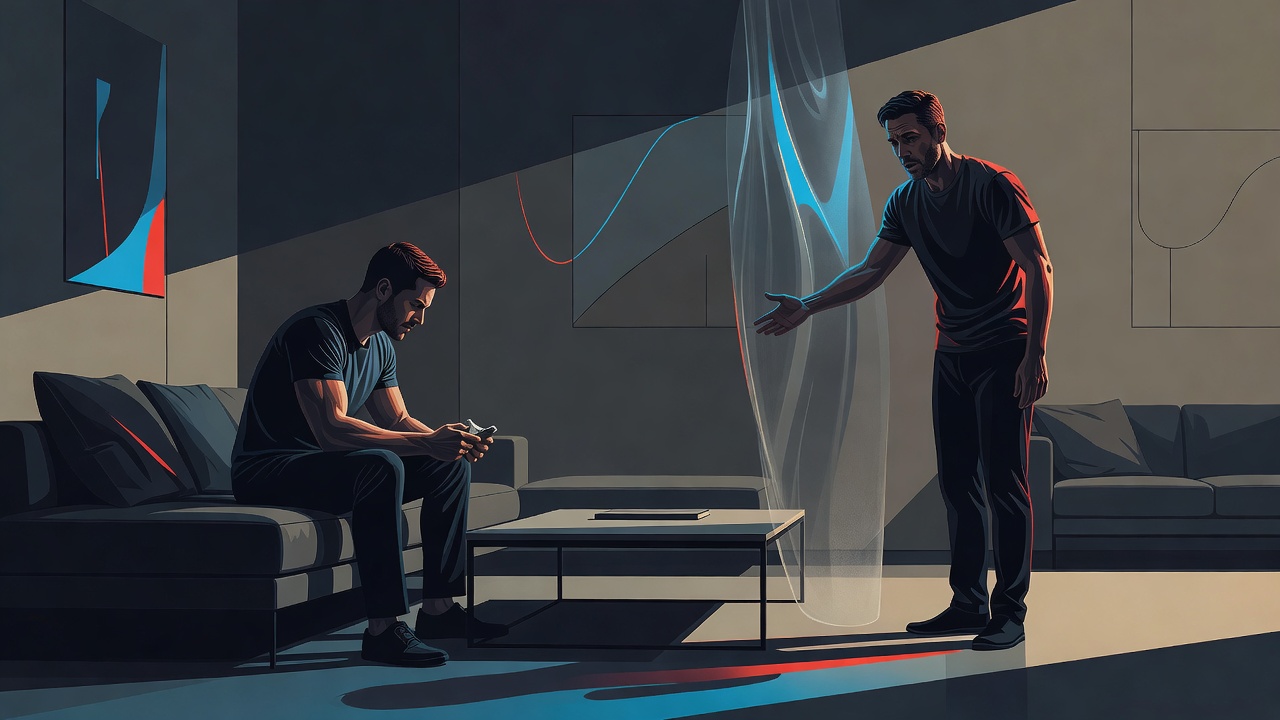 Un partenaire qui garde quelque chose en lui, seul, l'autre à côté voulant aider mais retenu à distance par une barrière invisible