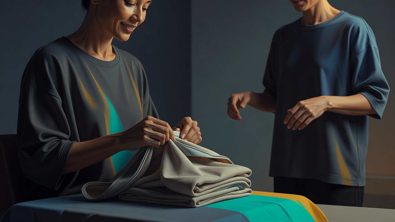 Les mains d'une personne défaisant doucement le linge plié par une autre avec un sourire aimable pendant que celle-ci regarde