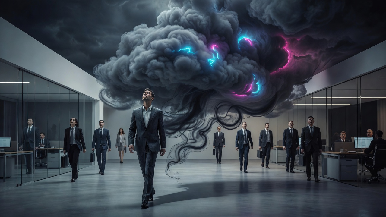 Une personne entrant dans un bureau avec un nuage d'orage qui la suit et qu'elle croit invisible