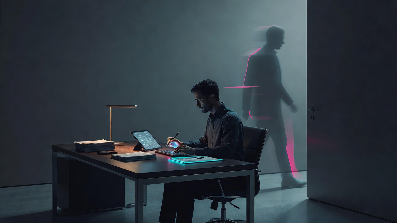 Une personne à son bureau qui exécute ses tâches pendant qu'un contour flou d'elle-même a déjà franchi la porte