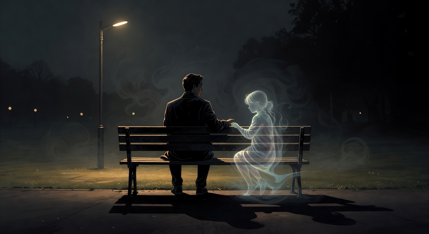 Un adulte regardant vers le bas une version plus petite et translucide d'eux-mêmes, la version enfant tressaillant de quelque chose que l'adulte ne peut pas voir