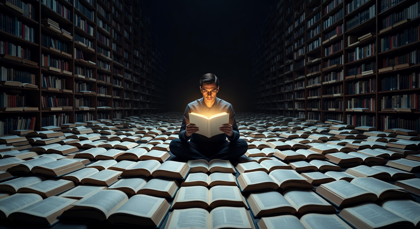 Une figure absorbée dans une page unique dans une bibliothèque infinie