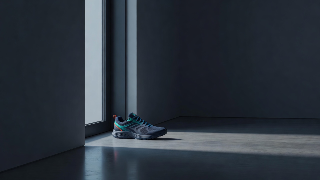 Une seule chaussure de course posée près de la porte d'entrée dans la lumière du matin