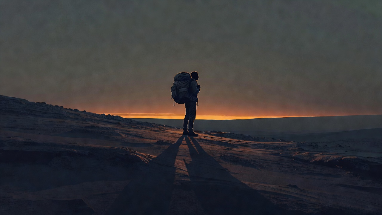 Une silhouette seule portant un lourd sac à l'aube sur une crête dénudée