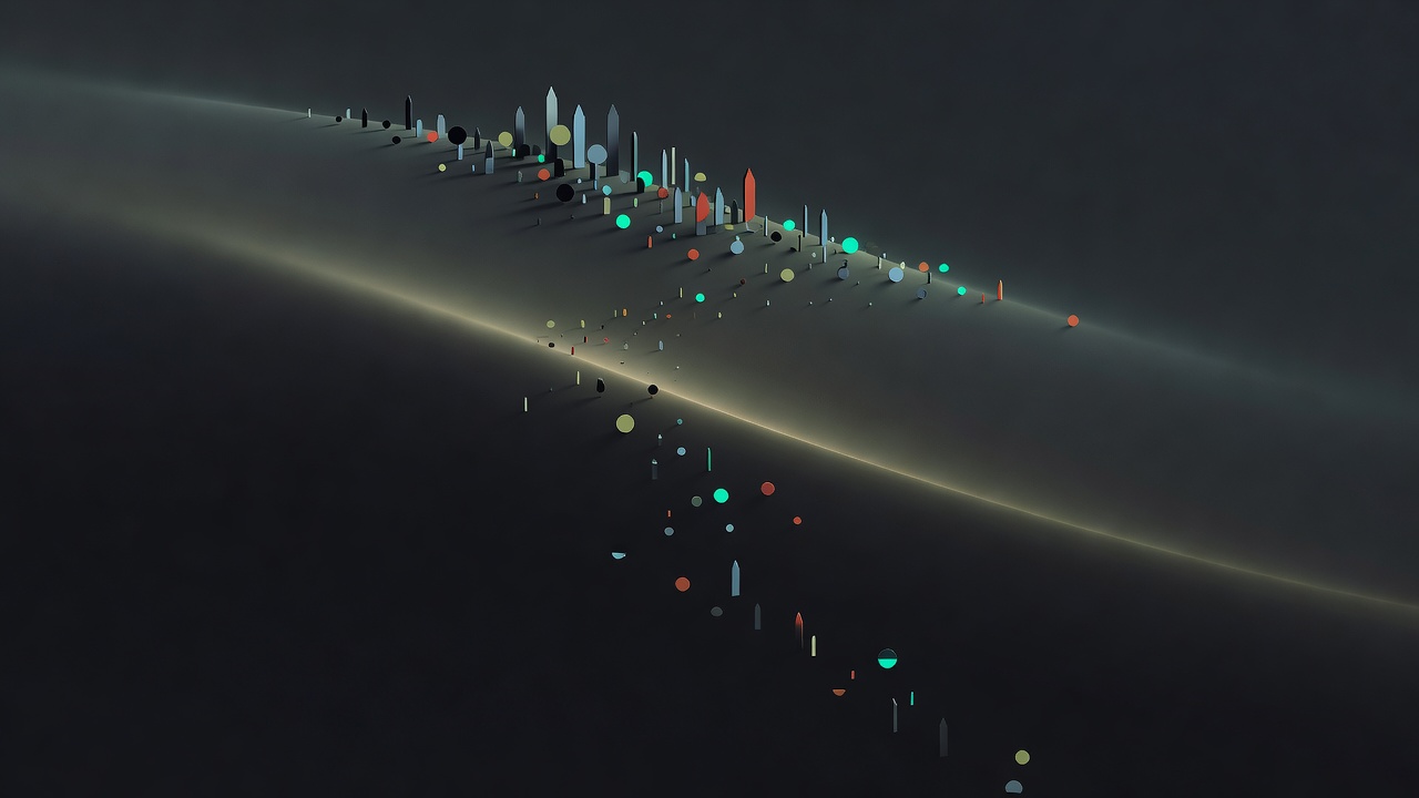 Une longue pente douce descendante dans une lumière feutrée, avec la plupart des petits repères regroupés près du sommet et quelques-uns dispersés loin en contrebas