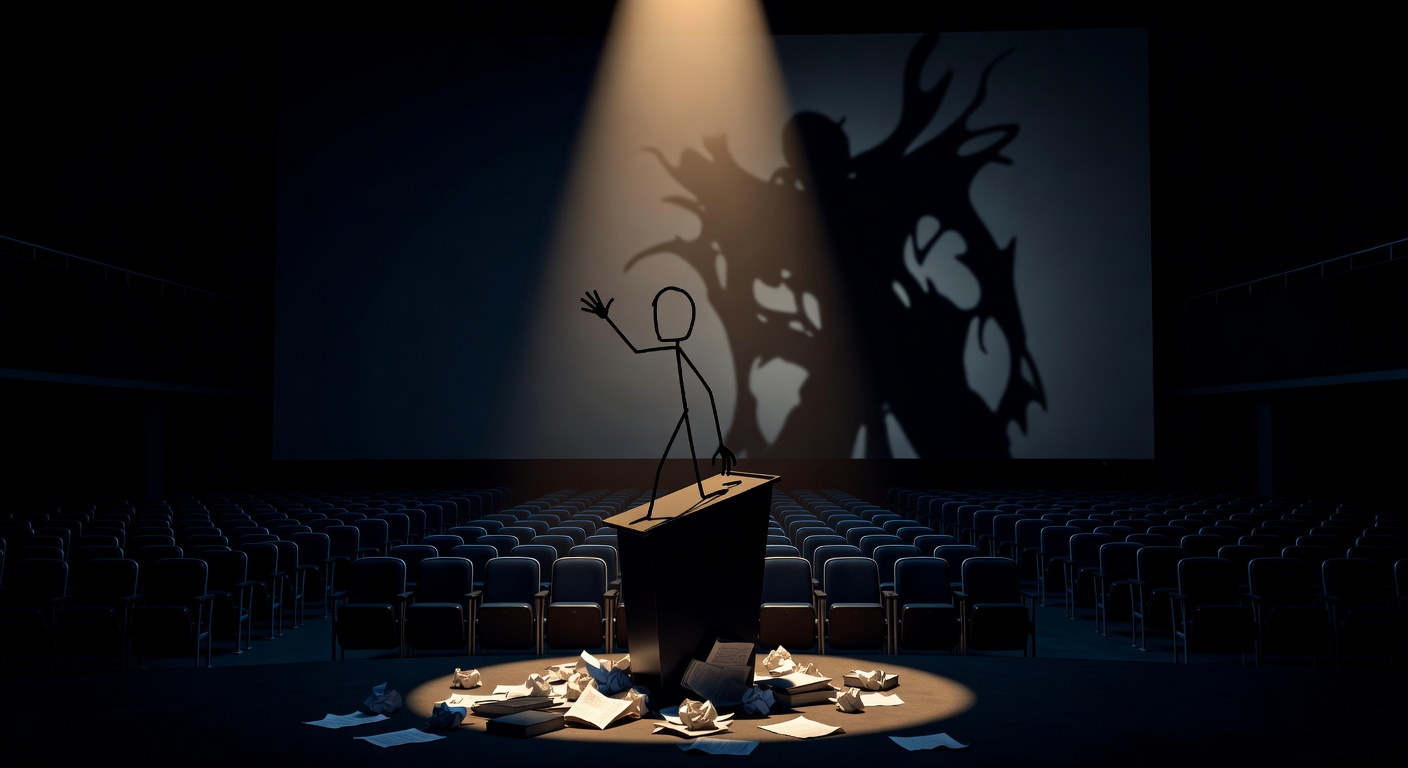 Une silhouette solitaire à un pupitre dans un vaste amphithéâtre sombre, projetant une ombre qui diffère de sa propre forme
